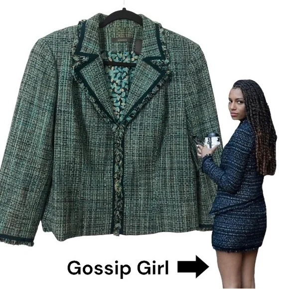 Liz Claiborne sz14 Green Black White Tweed with Small Fringe Blazer Gossip Girl - Picture 1 of 9